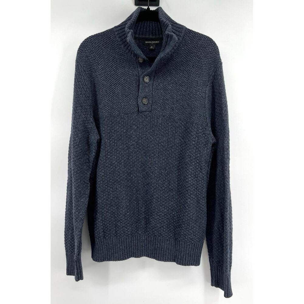 Banana Republic Men's Cotton Wool Henley Knit Sweater Size M Navy Fisherman